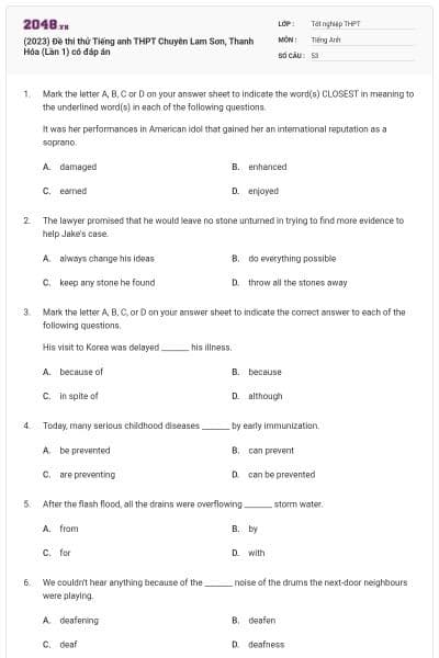 (2023) Đề thi thử Tiếng anh THPT Chuyên Lam Sơn, Thanh Hóa (Lần 1) có đáp án
