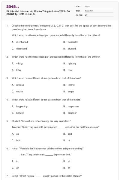 Đề thi chính thức vào lớp 10 môn Tiếng Anh năm 2023 - Sở GD&ĐT Tp. HCM có đáp án