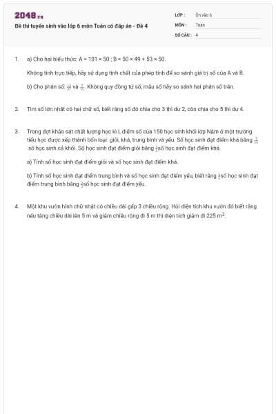 Đề thi tuyển sinh vào lớp 6 môn Toán có đáp án - Đề 4