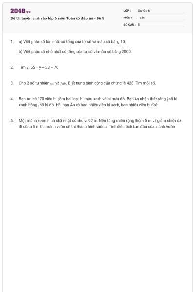 Đề thi tuyển sinh vào lớp 6 môn Toán có đáp án - Đề 5