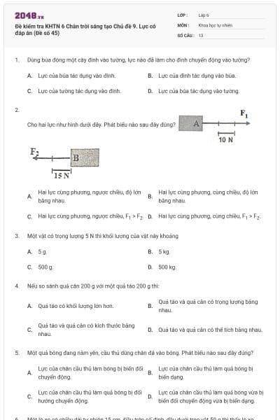 Đề kiểm tra KHTN 6 Chân trời sáng tạo Chủ đề 9. Lực có đáp án (Đề số 45)