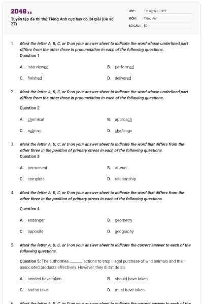 Tuyển tập đề thi thử Tiếng Anh cực hay có lời giải (Đề số 27)