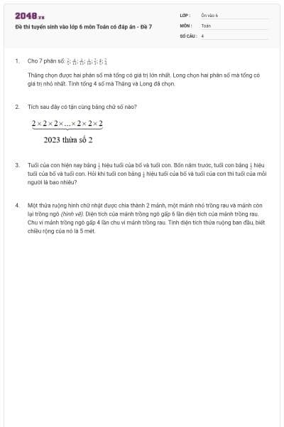 Đề thi tuyển sinh vào lớp 6 môn Toán có đáp án - Đề 7