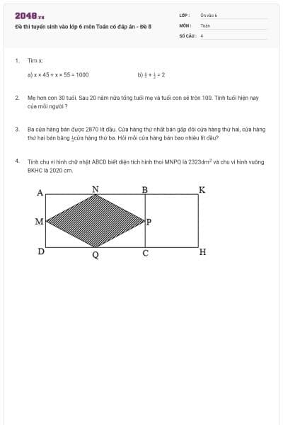 Đề thi tuyển sinh vào lớp 6 môn Toán có đáp án - Đề 8
