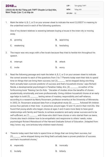 (2023) Đề thi thử Tiếng anh THPT Chuyên Lê Quý Đôn, Ninh Thuận (Lần 1) có đáp án