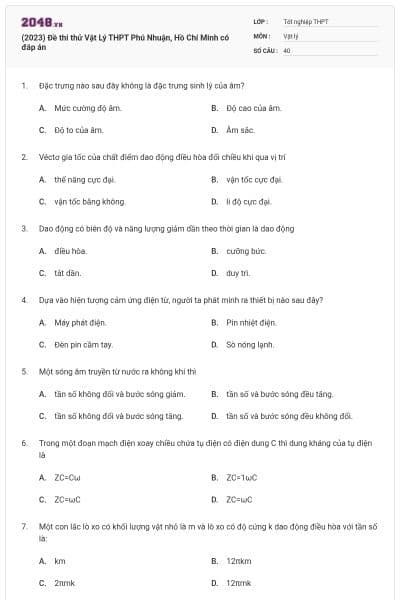 (2023) Đề thi thử Vật Lý THPT Phú Nhuận, Hồ Chí Minh có đáp án
