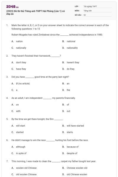 (2023) Đề thi thử Tiếng anh THPT Hải Phòng (Lần 1) có đáp án