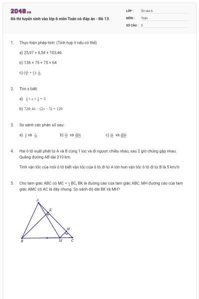 Đề thi tuyển sinh vào lớp 6 môn Toán có đáp án - Đề 13