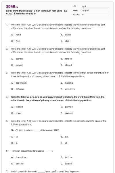 Đề thi chính thức vào lớp 10 môn Tiếng Anh năm 2023 - Sở GD&ĐT Khánh Hoà có đáp án