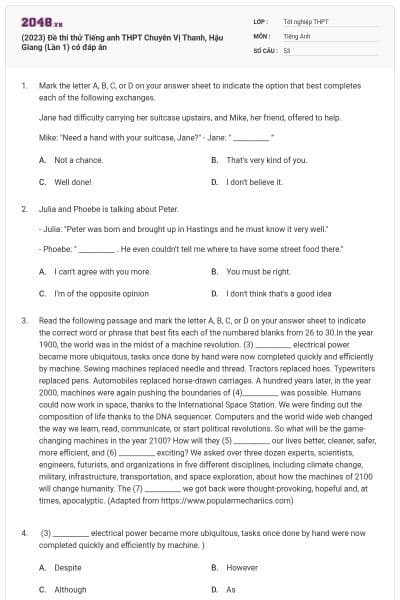 (2023) Đề thi thử Tiếng anh THPT Chuyên Vị Thanh, Hậu Giang (Lần 1) có đáp án