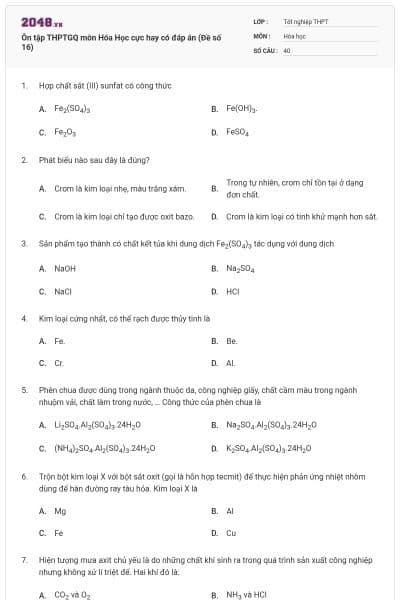 Ôn tập THPTGQ môn Hóa Học cực hay có đáp án (Đề số 16)