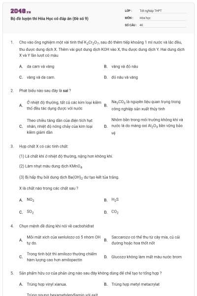 Bộ đề luyện thi Hóa Học có đáp án (Đề số 9)