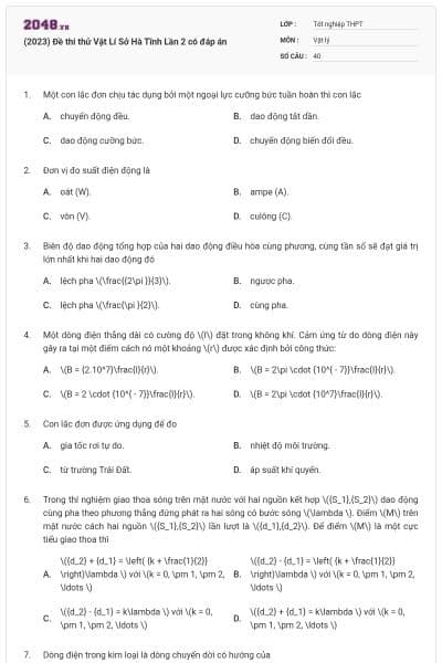 (2023) Đề thi thử Vật Lí Sở Hà Tĩnh Lần 2 có đáp án