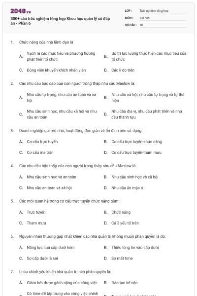 300+ câu trắc nghiệm tổng hợp Khoa học quản lý có đáp án - Phần 6