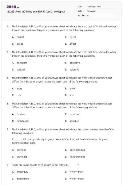 (2023) Đề thi thử Tiếng anh định kì (Lần 2) có đáp án
