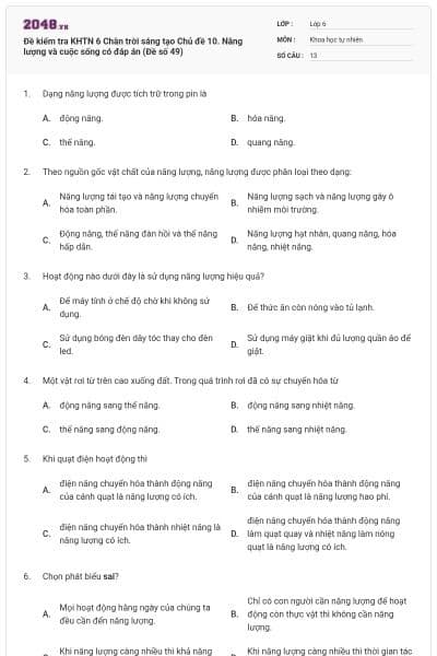 Đề kiểm tra KHTN 6 Chân trời sáng tạo Chủ đề 10. Năng lượng và cuộc sống có đáp án (Đề số 49)