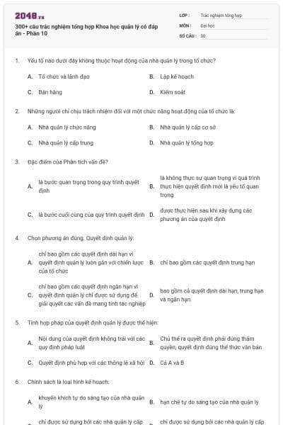 300+ câu trắc nghiệm tổng hợp Khoa học quản lý có đáp án - Phần 10