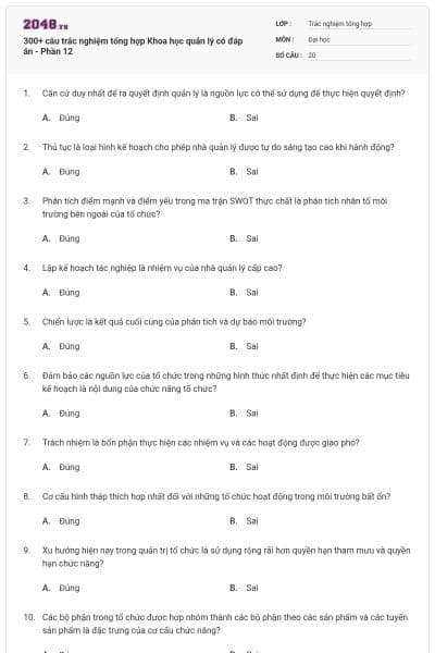 300+ câu trắc nghiệm tổng hợp Khoa học quản lý có đáp án - Phần 12