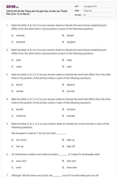(2023) Đề thi thử Tiếng anh Sở giáo dục và đào tạo Thanh Hóa (Lần 1) có đáp án