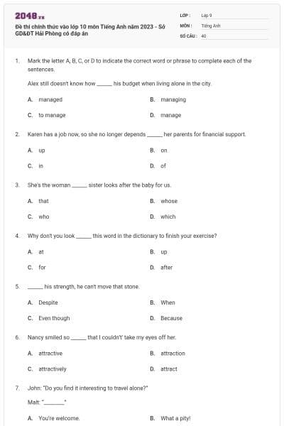 Đề thi chính thức vào lớp 10 môn Tiếng Anh năm 2023 - Sở GD&ĐT Hải Phòng có đáp án