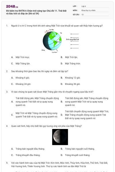 Đề kiểm tra KHTN 6 Chân trời sáng tạo Chủ đề 11. Trái Đất và bầu trời có đáp án (Đề số 54)