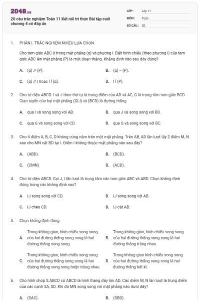 20 câu trắc nghiệm Toán 11 Kết nối tri thức Bài tập cuối chương 4 có đáp án