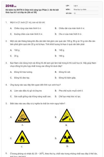 Đề kiểm tra KHTN 6 Chân trời sáng tạo Phần 2. Đề thi kết thúc học kì I có đáp án (Đề số 58)