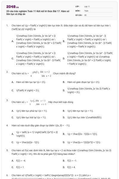 20 câu trắc nghiệm Toán 11 Kết nối tri thức Bài 17. Hàm số liên tục có đáp án
