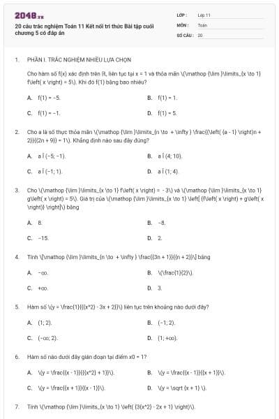 20 câu trắc nghiệm Toán 11 Kết nối tri thức Bài tập cuối chương 5 có đáp án