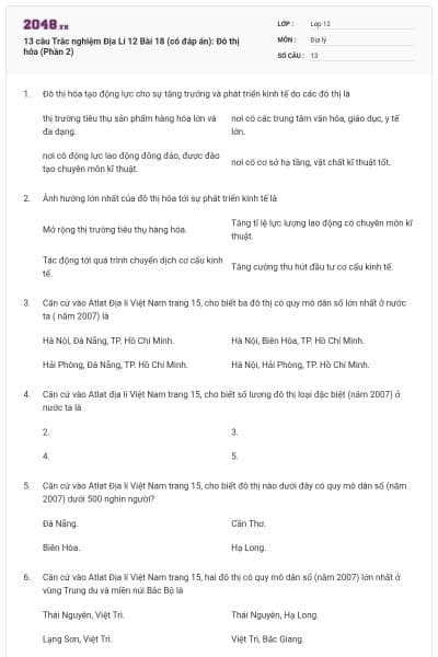 13 câu Trắc nghiệm Địa Lí 12 Bài 18 (có đáp án): Đô thị hóa (Phần 2)