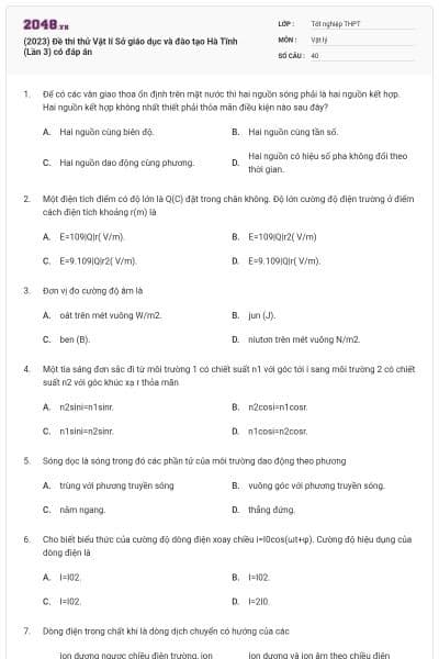 (2023) Đề thi thử Vật lí Sở giáo dục và đào tạo Hà Tĩnh (Lần 3) có đáp án