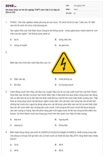 Đề tham khảo ôn thi tốt nghiệp THPT môn Vật lí có đáp án (Đề số 24)