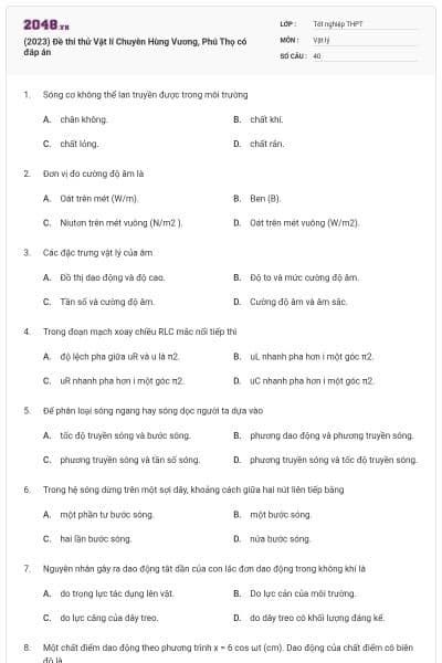 (2023) Đề thi thử Vật lí Chuyên Hùng Vương, Phú Thọ có đáp án