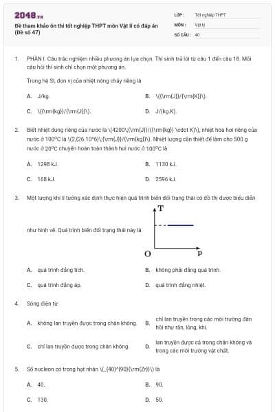 Đề tham khảo ôn thi tốt nghiệp THPT môn Vật lí có đáp án (Đề số 47)