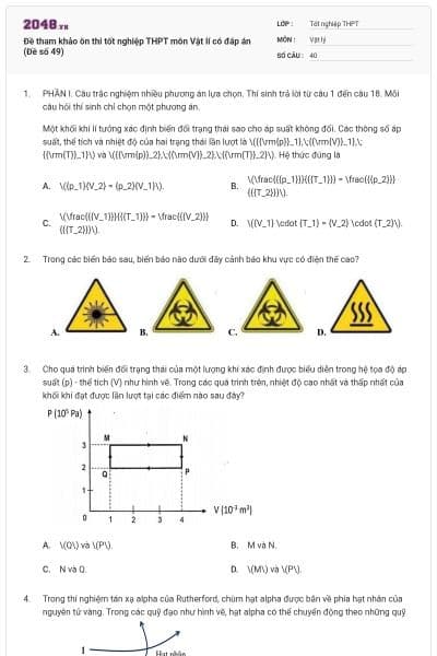 Đề tham khảo ôn thi tốt nghiệp THPT môn Vật lí có đáp án (Đề số 49)