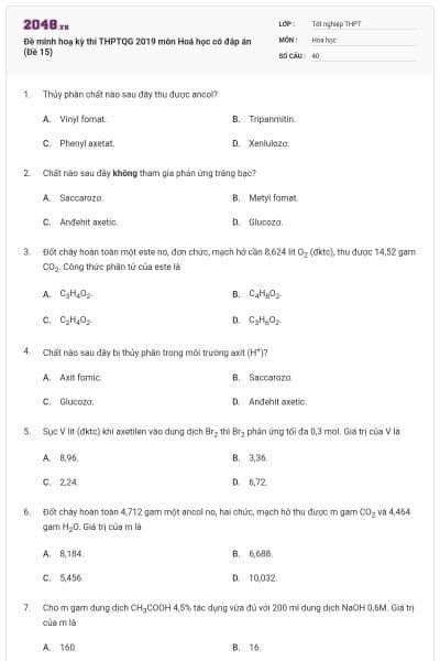 Đề minh hoạ kỳ thi THPTQG 2019 môn Hoá học có đáp án (Đề 15)