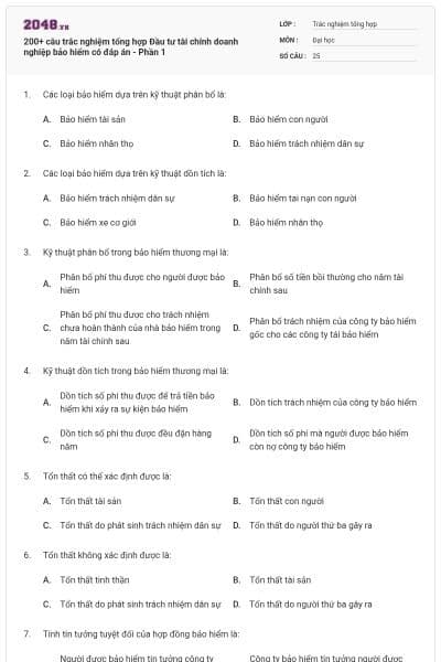 200+ câu trắc nghiệm tổng hợp Đầu tư tài chính doanh nghiệp bảo hiểm có đáp án - Phần 1