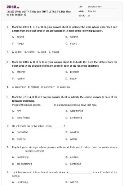 (2023) Đề thi thử TN Tiếng anh THPT Lý Thái Tổ, Bắc Ninh có đáp án (Lần 1)