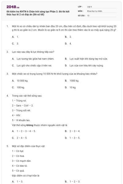 Đề kiểm tra KHTN 6 Chân trời sáng tạo Phần 3. Đề thi kết thúc học kì 2 có đáp án (Đề số 68)