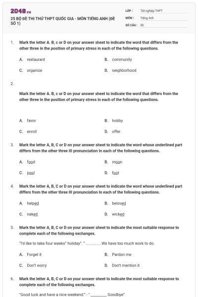 25 BỘ ĐỀ THI THỬ THPT QUỐC GIA - MÔN TIẾNG ANH (ĐỀ SỐ 1)