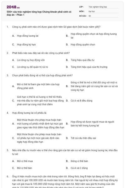 500+ câu trắc nghiệm tổng hợp Chứng khoán phái sinh có đáp án - Phần 1