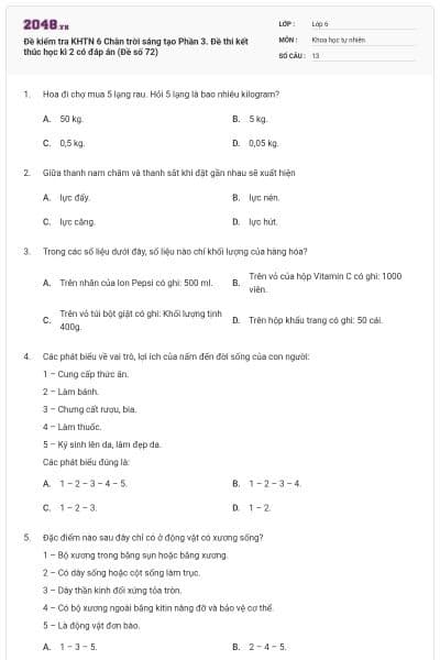 Đề kiểm tra KHTN 6 Chân trời sáng tạo Phần 3. Đề thi kết thúc học kì 2 có đáp án (Đề số 72)
