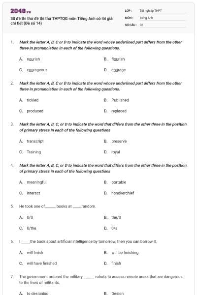 30 đề thi thử đề thi thử THPTQG môn Tiếng Anh có lời giải chi tiết (Đề số 14)
