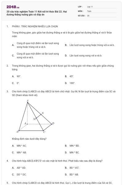 20 câu trắc nghiệm Toán 11 Kết nối tri thức Bài 22. Hai đường thẳng vuông góc có đáp án