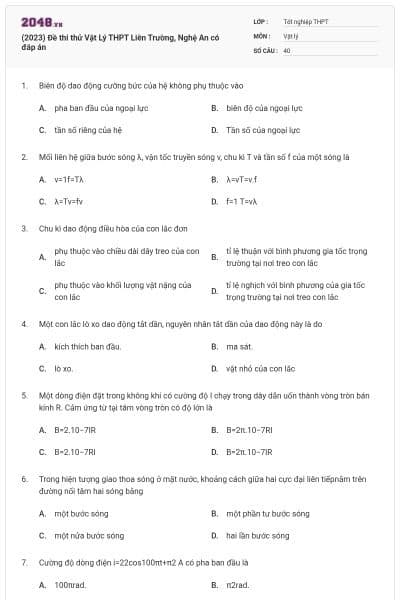 (2023) Đề thi thử Vật Lý THPT Liên Trường, Nghệ An có đáp án
