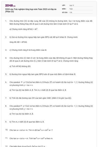 5920 câu Trắc nghiệm tổng hợp môn Toán 2023 có đáp án (Phần 23)