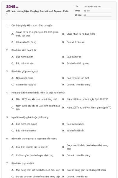 400+ câu trắc nghiệm tổng hợp Bảo hiểm có đáp án - Phần 1