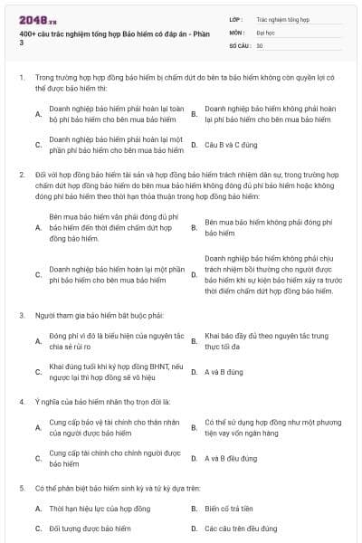 400+ câu trắc nghiệm tổng hợp Bảo hiểm có đáp án - Phần 3