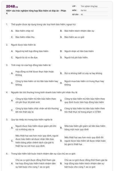 400+ câu trắc nghiệm tổng hợp Bảo hiểm có đáp án - Phần 4