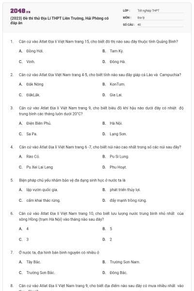 (2023) Đề thi thử Địa Lí THPT Liên Trường, Hải Phòng có đáp án